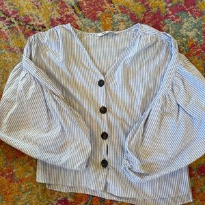 ZARA Blue and White Striped Balloon Sleeve Blouse Size XS